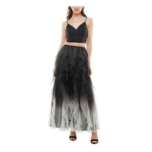 TEEZE ME Womens Black Mesh Cropped Top Spaghetti Strap Full-Length Dress 13\14